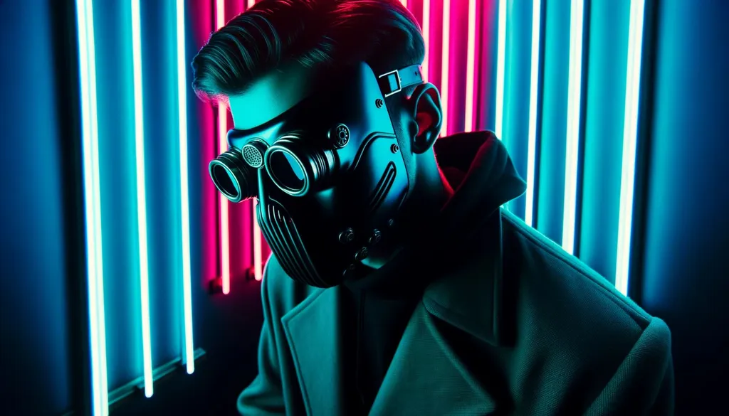 Prompt: Photo of a man wearing a unique head mask, bathed in the glow of neon lights, evoking a sense of cubo-futurism and b-movie aesthetics.