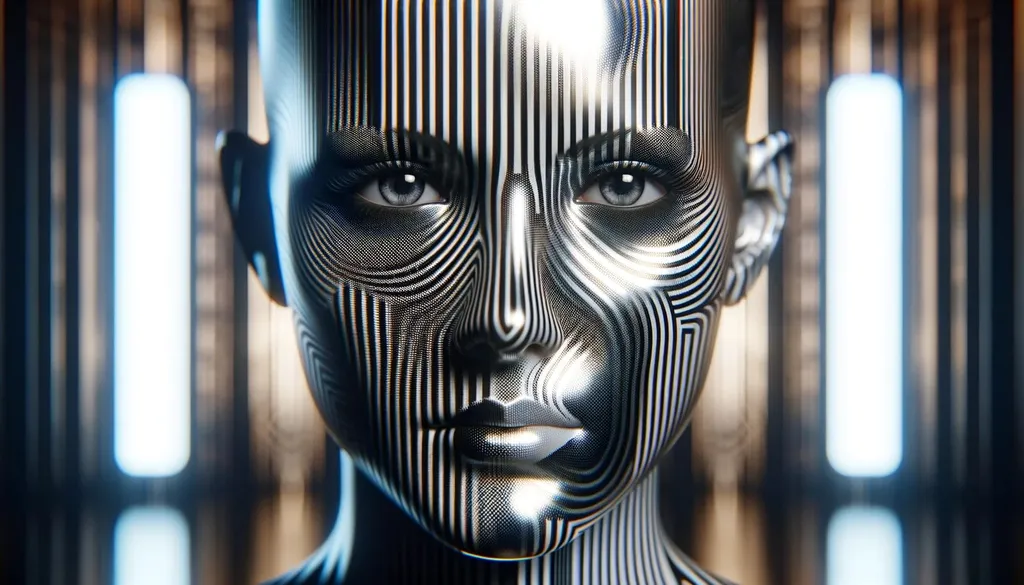 Prompt: A hyper-realistic 3D render of a face patterned with black and white stripes, appearing as a raw photograph with chrome reflections. The image is enhanced by cutting-edge rendering techniques to create a lifelike visual experience. The background features a subtle blend of light bronze and dark blue, reminiscent of a sophisticated multimedia installation with futuristic elements. The face has a selective focus to emphasize its features against the complex backdrop.