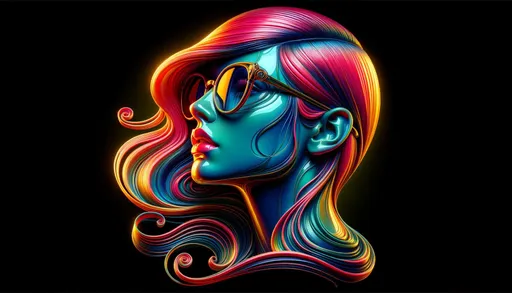 Prompt: Artistic depiction of a female head, crafted with a glossy computer graphics texture. Her vibrant hair contrasts beautifully with her glasses. The neon realism style is evident, coupled with design elements inspired by the aesthetics of the golden age. Every detail is captured in ultra-high-definition.
