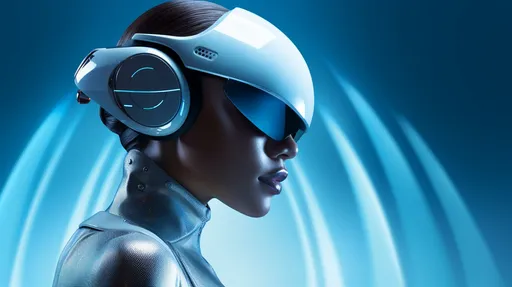 Prompt: Create a wide-format image inspired by the given image, featuring a futuristic female android with a glossy, reflective surface. She is wearing a high-tech helmet with a visor, which has a sleek, curved design that wraps around her head. The android is equipped with sophisticated, noise-cancelling headphones that have a robust, cushioned over-ear design. The background should be a digital cyberspace environment, glowing with neon blue lights and abstract digital elements, simulating a high-speed data stream. The atmosphere should convey a sense of advanced technology and cybernetic enhancement, with sparkling light effects and intricate circuit-like details in the surroundings.