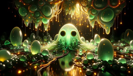 Prompt: Digital art of an otherworldly scene where soft, glowing green creatures with pronounced eyes emerge from a glistening substance. The space is aglow with gold, fire-resembling elements and is decorated with complex vines, casting a bewitching light in the obsidian ambiance.