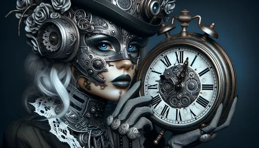 Prompt: a woman wearing steampunk makeup posing with a clock, in the style of cybernetic surrealism, intricate patterns and details, dark white and dark blue, ritualistic masks, blink-and-you-miss-it detail, timeless artistry, selective focus in wide ratio