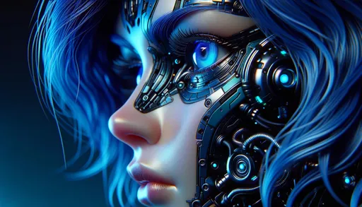 Prompt: Macro photo focusing on the intricate facial details of a futuristic humanoid girl with deep blue hair, highlighting the delicate balance between organic and mechanical elements, with a hint of neon glow reflecting off her skin in wide ratio