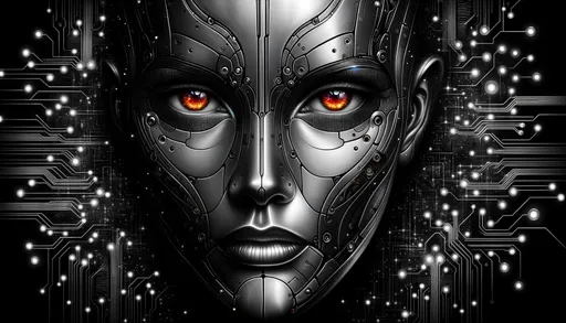 Prompt: Art piece of a woman with Caucasian descent, her refined cybernetic face accentuated with bright orange eyes, against a deep black canvas featuring sparkling tech circuits. The metal-clad face melds impeccably with the digital components, expressing an atmosphere of high-tech and mysticism.