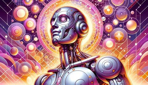 Prompt: Illustration of a gleaming robotic character, drenched in a mellow light, juxtaposed against a background adorned with buoyant geometric designs in tender purple and orange shades. The cyborg, marked by its sizable, animated eyes and complex body intricacies, radiates a sentiment of marvel and interest.