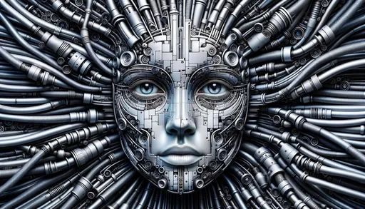 Prompt: A captivating face, seemingly a blend of human and machine, emerges from a labyrinth of intricate metallic circuits and pipes. The face has striking eyes, cool-toned skin, and elements resembling both organic curves and engineered components.