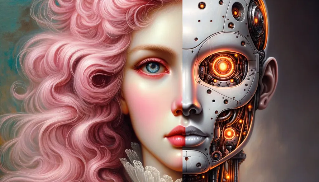 Prompt: Oil painting in the style of 19th-century realism presenting a woman with radiant pink hair and powerful eyes, side by side with a cybernetic face. The robotic face, detailed with signs of use, displays lifelike features with gentle orange lights illuminating from within.