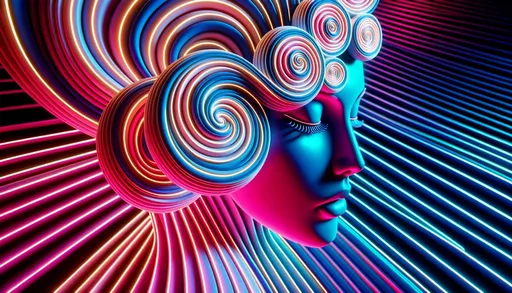 Prompt: Wide image of a 3D woman with spiral patterns on her head, bathed in a neon glow, reflecting the influences of art nouveau and surrealism. The scene has vibrant color contrasts and a touch of modern portraiture.