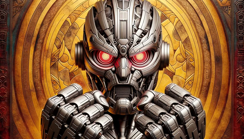 Prompt: Photo of a metallic robot with a complex geometric head design, glowing red eyes, and fists ready for action. The backdrop is a textured mustard yellow with abstract patterns. The robot merges ancient tribal art with modern technology.