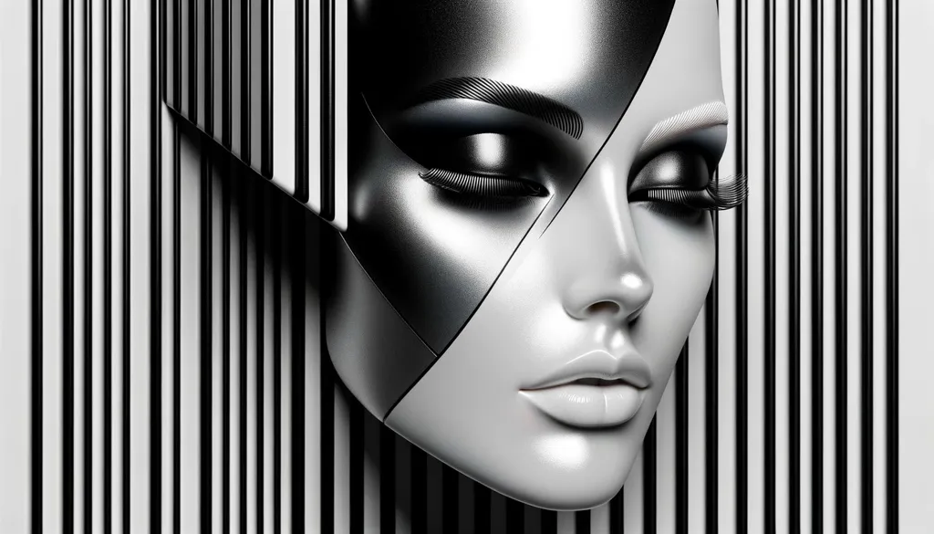 Prompt: 3D visualization of a face with black and white makeup, set against a striped canvas, drawing inspiration from futuristic glam with pronounced shadows and a multi-dimensional composition.