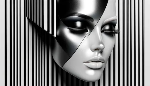 Prompt: 3D visualization of a face with black and white makeup, set against a striped canvas, drawing inspiration from futuristic glam with pronounced shadows and a multi-dimensional composition.