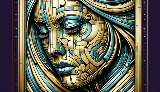 Prompt: Illustration showcasing a metallic woman's face in gold and azure shades. The design is rich in details, with fragmented advertising motifs embedded. The art style emphasizes the emotional depth of the subject, even with its mechanized appearance.