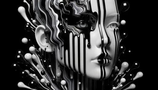 Prompt: 3D illustration of a woman showcasing a poured resin effect on her face with black and white stripes, exuding emotive figural distortions in a gothic futuristic setting.