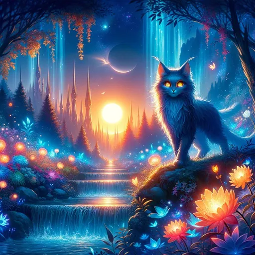 Prompt: The image presents a mystical blue-furred feline with luminous amber eyes, standing in a fantastical environment filled with vibrant flora, glistening streams, and silhouettes of distant spires beneath a radiant sunset. The atmosphere exudes enchantment with glowing flowers and serene cascades.