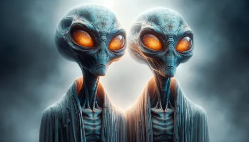 Prompt: Digital art of two ancient extraterrestrial figures, each with large heads featuring radiant orange eyes and weathered bluish-gray complexions. Their elongated necks connect to bodies draped in timeworn garments, exuding an air of timeless knowledge, with a hazy backdrop amplifying the enigma.