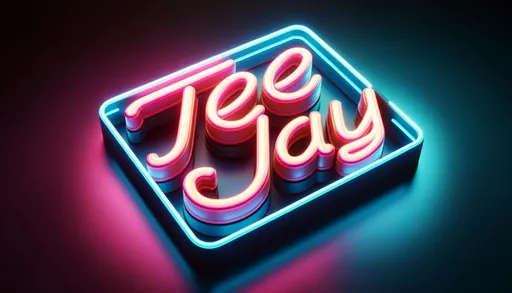 Prompt: Wide render of a vibrant 3D 'Tee Jay' logo with neon lighting effects, casting a soft glow on a dark surface.