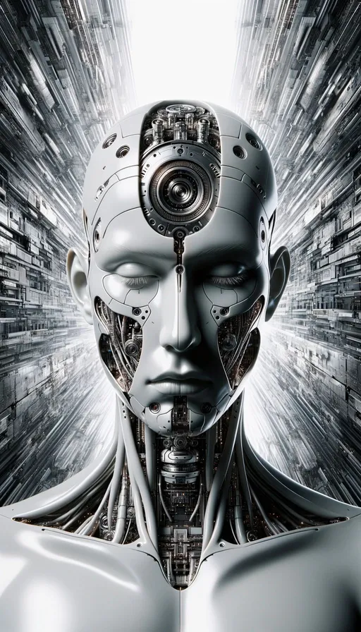 Prompt: A vertically framed image captures the essence of a state-of-the-art android, its head and neck laden with mechanical intricacies. The lustrous facade of its face is starkly set against a backdrop reminiscent of a cybernetic city. As segments of its skin peel off, the inner workings of circuits and devices are revealed, all the while its eyes retaining a tranquil, humanoid expression.