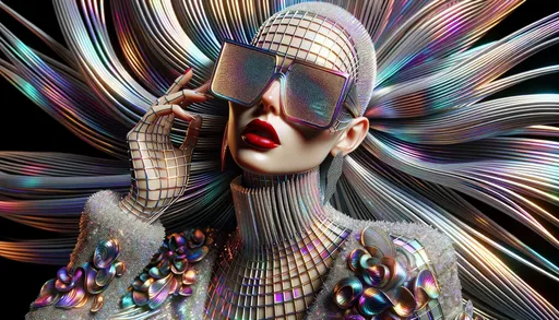 Prompt: 3D render of a futuristic woman, draped in glistening, iridescent clothing and ornaments. Her expansive sunglasses, intricately fashioned, mirror a grid pattern that also appears in her backdrop. The attire harmoniously melds with the radiant digital shades, while her striking red lips provide a notable contrast amid the kaleidoscope of colors.