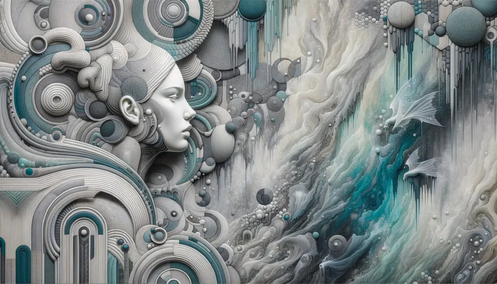 Prompt: Wide image of photorealistic women's portraits, inspired by surreal visuals and 3D renderings. The style employs a paint dripping method, with dominant hues of gray and aquamarine. The backdrop reveals a detailed underwater realm, infused with panfuturist ideals, art nouveau flowing patterns, and fluid geometric forms. The artwork exudes the charm of freehand painting.
