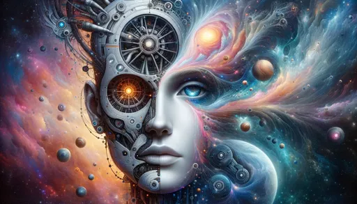 Prompt: Imagine a world where humans and machines have become one. Illustrate a portrait that embodies this fusion, capturing the essence of both realms in harmony.