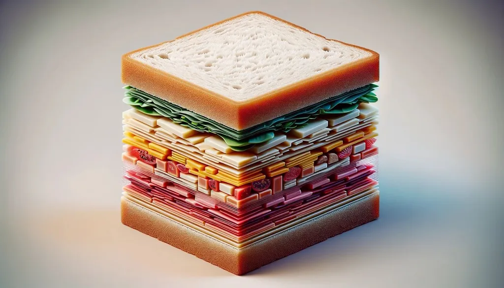 Prompt: Wide image of a 3D plastic cube that looks like a sandwich with visible layers representing different ingredients.