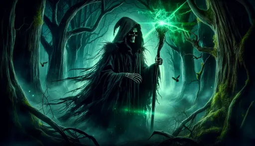 Prompt: The image depicts a sinister figure shrouded in a dark hooded cloak, resembling the Grim Reaper, wielding a staff that emanates a bright, mystical green energy. The background is a haunting forest with gnarled, twisted trees and a dense fog that obscures the depths of the woods, enhancing the eerie atmosphere. in wide ratio