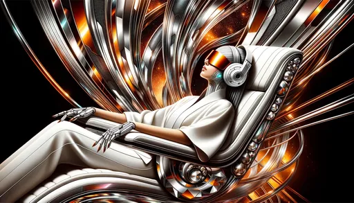 Prompt: Illustrate a broad canvas capturing the essence of a futuristic lady, her white headphones and mirrored orange visor exuding style. She finds comfort in a state-of-the-art relaxation chair, set against a backdrop of flowing metallic lines and shimmering reflections of warm amber and cool chrome, all hinting at a technologically advanced, spacefaring civilization.