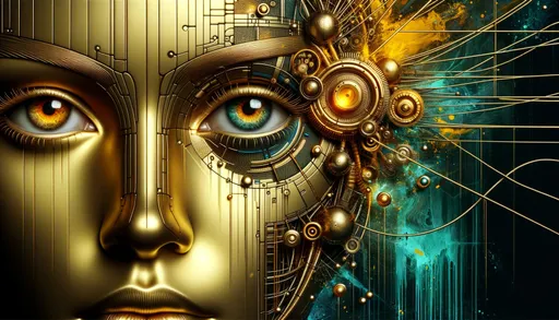 Prompt: Digital art of a golden woman's face, adorned with a network of wires. One of her eyes is strikingly photorealistic, contrasting with the surrounding futuristic robotic elements. The backdrop merges dark cyan and yellow hues, with hints of paint dripping technique giving it a unique touch.