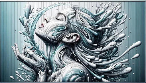 Prompt: Wide image showcasing a woman as water splashes onto her face. The style is rooted in futuristic realism, highlighted by multidimensional shading techniques. Surreal organic shapes surround her, while the hard edge painting method gives sharpness to the composition. The color palette is dominated by light cyan and silver, with intricate illustrations enhancing the scene. The artwork offers a profound illusion of three-dimensionality.
