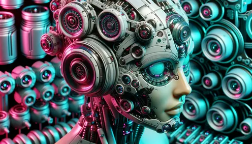 Prompt: The image is a 3D render depicting a detailed portrayal of a female cyborg. Her face and neck are seamlessly integrated with intricate machinery and tech components. A large, sophisticated headset rests on her head, featuring various dials, lenses, and buttons. The background shows an array of robotic parts, bathed in a neon pink and teal hue, creating a futuristic atmosphere.