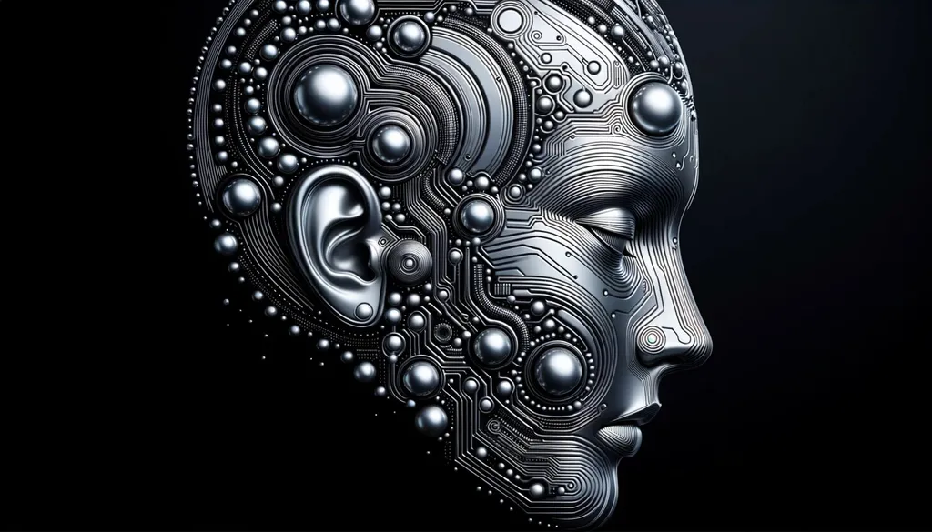 Prompt: Silvery contours shape a futuristic visage, punctuated by orbs and circuit-like patterns. This digital semblance of a human profile, detailed and sleek, exudes a mechanical aura against the inky backdrop.