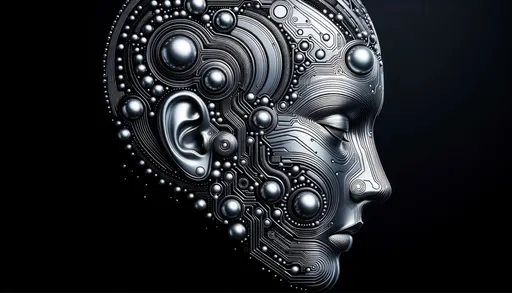 Prompt: Silvery contours shape a futuristic visage, punctuated by orbs and circuit-like patterns. This digital semblance of a human profile, detailed and sleek, exudes a mechanical aura against the inky backdrop.