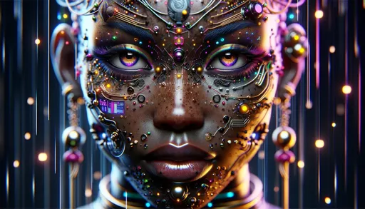 Prompt: Artistic macro photo render capturing intricate details on the face of a humanoid figure of African descent in a futuristic setting. The close-up reveals ornate jewelry, electronic interfaces, and vibrant skin patterns. Her eyes radiate intensity, and a mix of natural and neon hues play across her skin. Cascading digital rain and illuminated lines add depth and a cybernetic touch to the composition.