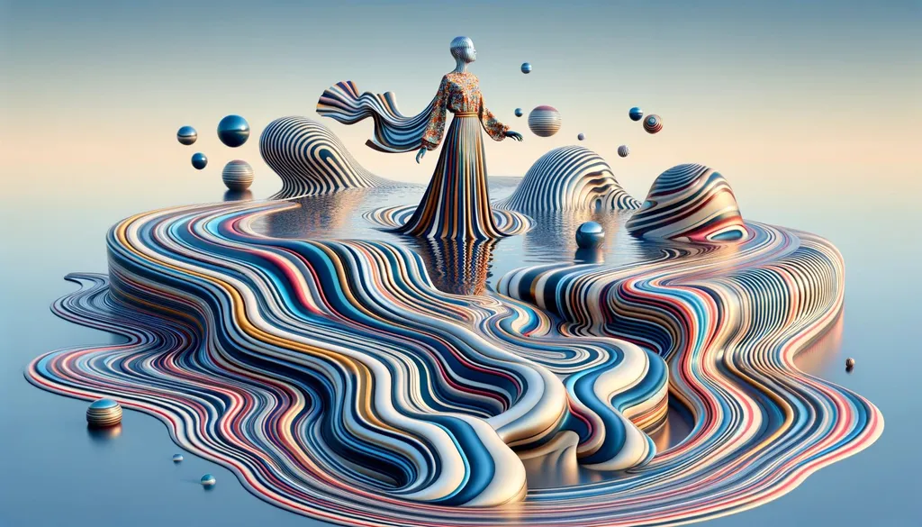 Prompt: A surreal scene where a lady, adorned with a striped pattern, is emerging from a wavy, liquid-like surface that also features a striped pattern. The scene should have an ethereal, dreamlike atmosphere, with the wavy liquid creating captivating ripples and reflections. The stripes should be clearly visible, alternating in colors, with the lady's form seamlessly transitioning from the liquid. The background should be simple, focusing on the surrealism of the lady and the liquid. This image should be created in a wide ratio.