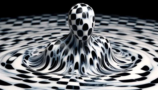 Prompt: Raw photo of a checkerboard-patterned entity emerging from a pool of checkerboard-patterned liquid, capturing the stark contrast and texture details in a wide ratio.