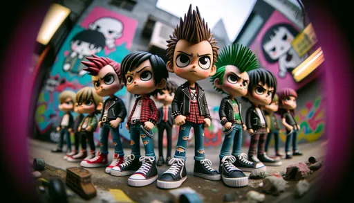 Prompt: A group of punk kids standing together, portrayed in a macro photography style. The kids should have exaggerated, circle-shaped faces, reminiscent of characters from collectible card games or mobile games, giving a vibrant and playful vibe. The macro photography style should emphasize close-up details, with a very shallow depth of field, focusing on textures and fine details of the subjects and immediate surroundings. The background should blur into soft bokeh, featuring elements like urban graffiti and colorful plants, but with a focus on the immediate, sharply focused area. The perspective should be up-close, detailed view of the kids and their expressions, as if through a macro lens.