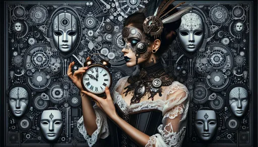 Prompt: a raw photo capturing a woman with steampunk makeup in a poised pose, holding a clock. The background is adorned with dark white and dark blue cybernetic surrealism patterns, and ritualistic masks are subtly integrated into the scene. The composition focuses on intricate patterns and details, creating a timeless and enigmatic atmosphere in a wide ratio frame.