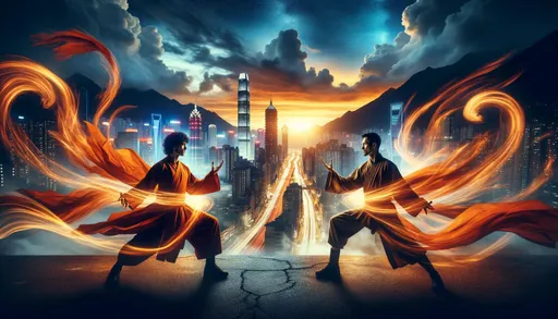 Prompt: Dynamic portrayal of two martial artists, draped in swirling orange garments, facing off amidst a vivid urban panorama. The city lights flicker as the sun descends behind towering peaks, creating a sense of anticipation and drama to their impending confrontation in wide format