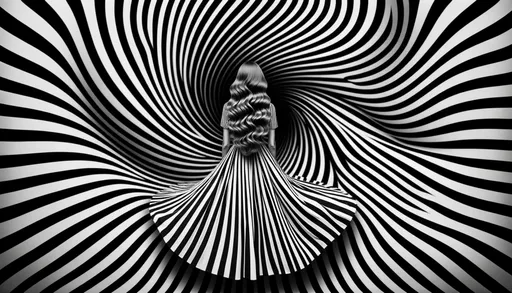 Prompt: In a mesmerizing black and white image, a woman's back is revealed, her flowy hair cascading down, as she merges seamlessly with the swirling striped pattern surrounding her. The hypnotic curves of the stripes on both the environment and her dress create a dizzying effect, blurring the line between the subject and the backdrop.