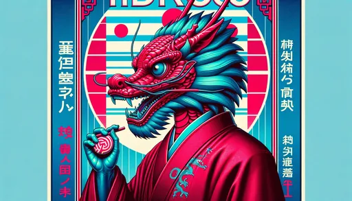 Prompt: A 3D render illustration of a dragon person, influenced by Japanese art, retro-futuristic propaganda, 19th century American art, featuring high-contrast realism and odd juxtapositions. The artwork should have crimson and azure color tones and critique consumer culture. The image should be in a wide ratio.