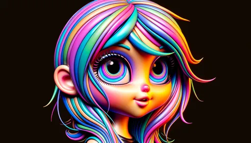 Prompt: A 3D-rendered image of a caricature-like cartoon girl with large, expressive eyes featuring various colors. The style is reminiscent of psychedelic rock, with vibrant, colorful 3D animation aesthetics. The image should reflect the artistic influence of Thomas Nast and iconic album covers, presented in a wide ratio format, with a three-dimensional, lifelike quality.