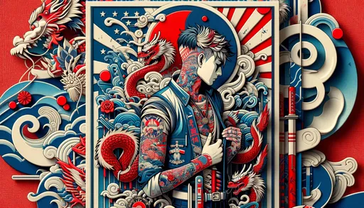 Prompt: A 3D render illustration combining old fashion Japanese style, tattoos, graffiti, art, manga, retro themes, and person illustration. The artwork should feature red and azure color tones, dragon art, elements of American iconography, dramatic splendor, and political propaganda styles, with influences of paper cut-outs and figura serpentinata. The image should be in a wide ratio.