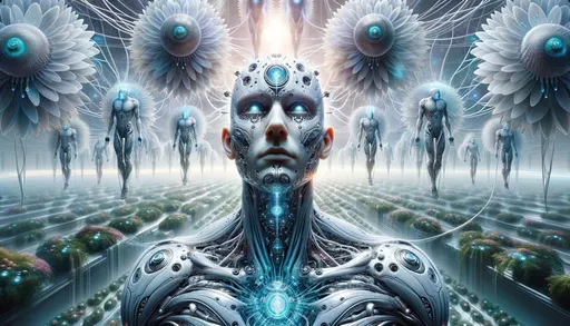 Prompt: A wide perspective capturing a humanoid figure that is a testament to advanced biomechanical engineering. The figure's face, adorned with silver and blue tech elements, stands out. Surrounding the central figure are apparitions, each radiating a pulsating neurocore energy. The scene seamlessly integrates elements of nature, like plants growing over tech, indicative of a solarpunk world.