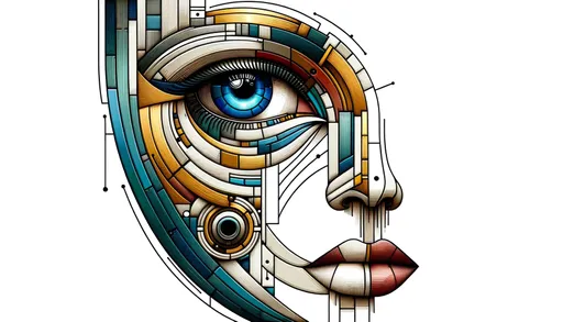 Prompt: Digital doodle presenting a woman's visage, emphasizing her eye which is accentuated by gold and azure metal strips. The artistry captures the essence of mechanized precision and is fragmented in a style reminiscent of cubism.