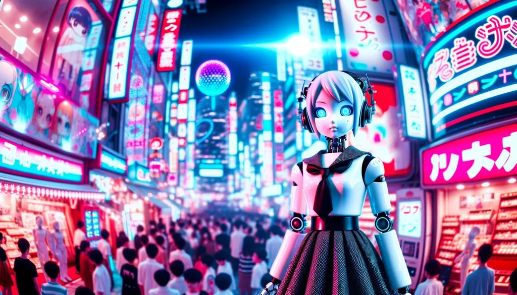 Prompt: Wide image capturing a vivid cyberpunk manga universe. An artificial girl in a black and white outfit stands prominently, illuminated by neon lights of light blue and crimson. Robotics kids, with playful exaggerated facial features, are scattered throughout the scene.