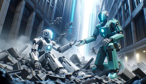 Prompt: In a scene of urban destruction, two futuristic robots with teal and white exteriors seem to communicate. One reaches out, as if offering help to the other. The ground is covered in gray rubble, and the ambiance is set by powerful beams of blue light that shine from above.