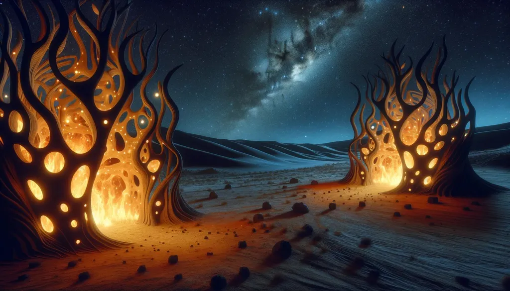 Prompt: Artistic interpretation of a desert scene under the night sky, showcasing hollow creatures that seem to be ignited from the inside. Their radiant inner fires cast a warm glow against the cool desert backdrop, creating a juxtaposition of light and shadow.