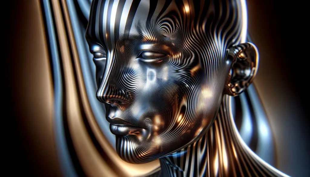 Prompt: A 3D render of a face with a pattern of black and white stripes, reflecting like chrome surfaces. The image exhibits advanced quantum wavetracing techniques for a distinct visual effect. The background fuses a light bronze and dark blue palette, reminiscent of a futuristic multimedia installation. The composition includes a selective focus, highlighting specific features of the face.