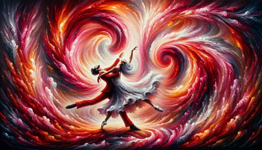 Prompt: Oil painting depicting two dancers in the midst of a passionate performance, surrounded by intense swirls of red, pink, and orange that seem to capture their energy.