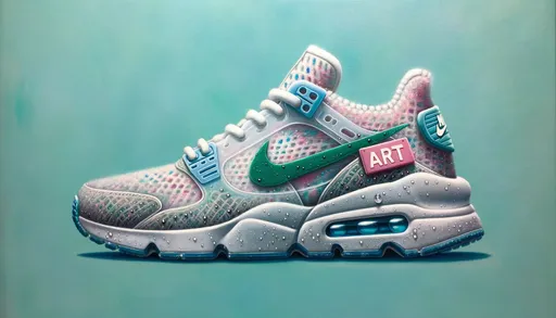 Prompt: Across a wide canvas, visualize a clear sneaker bearing a prominent "ART" tag, hovering over a cerulean base. The shoe, infused with soft green and pink undertones, demonstrates intricate detailing, from its patterned underside to the radiant droplets of water adorning it.